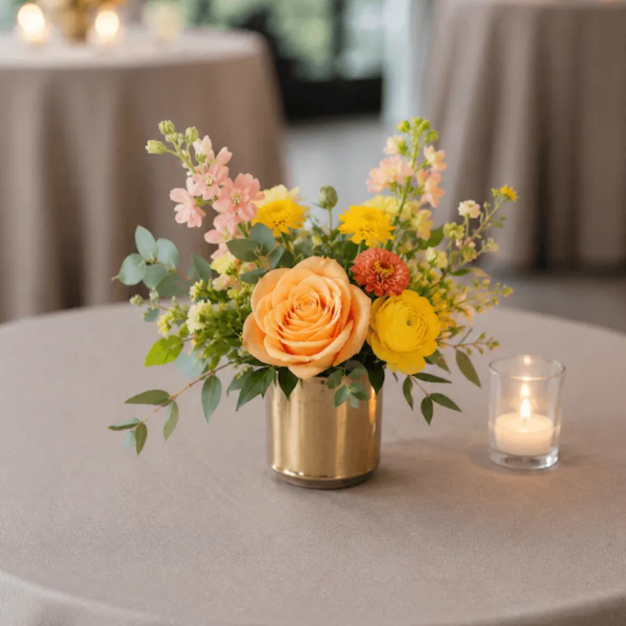 Small centerpiece in a gold vessel with bright yellow roses, peach ranunculus, and colorful cheerful blooms on a warm-toned tablescape