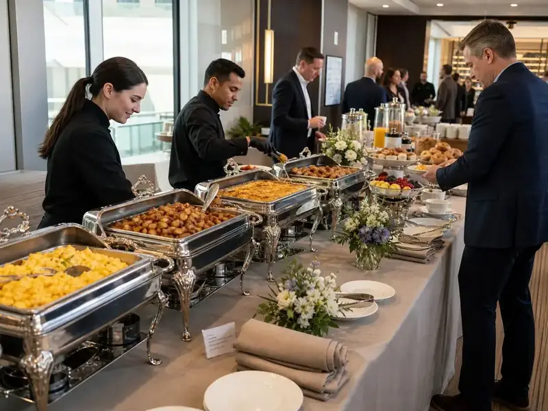 Corporate catering in Tracy, CA — server presenting an appetizer platter at a business event by Tracy Catering Company