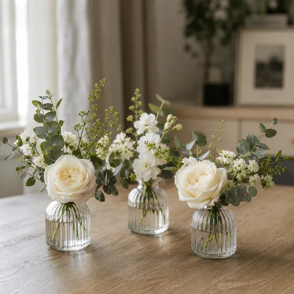 Three fluted glass bud vases with white garden roses, delicate white blooms, and fresh eucalyptus greenery on a warm wood table