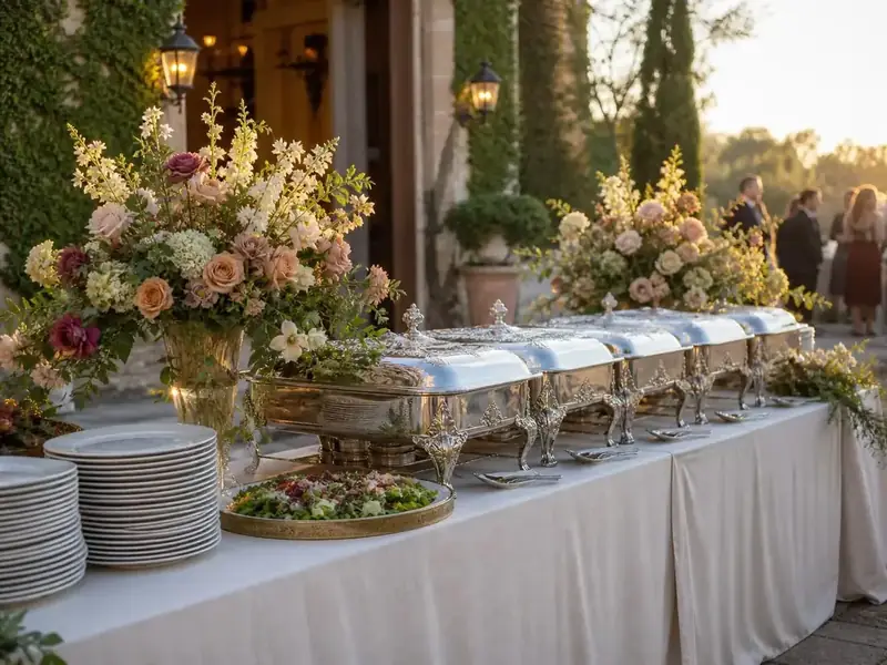 Wedding and event florals and tablescapes in Tracy, CA — lush centerpiece with styled place settings by Tracy Catering Company