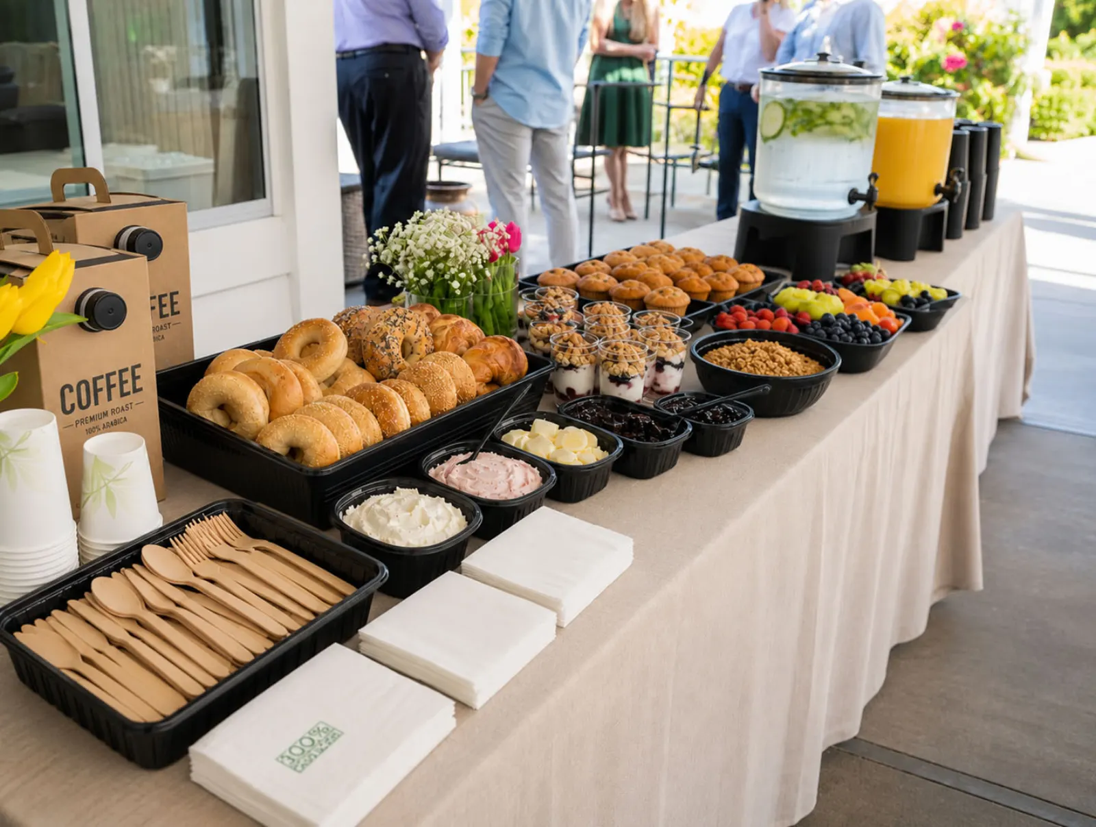 Drop-off continental breakfast display with bagels, muffins, yogurt parfaits with granola, fresh fruit and berries, coffee, iced water, and orange juice on a linen-draped outdoor buffet by Tracy Catering Company