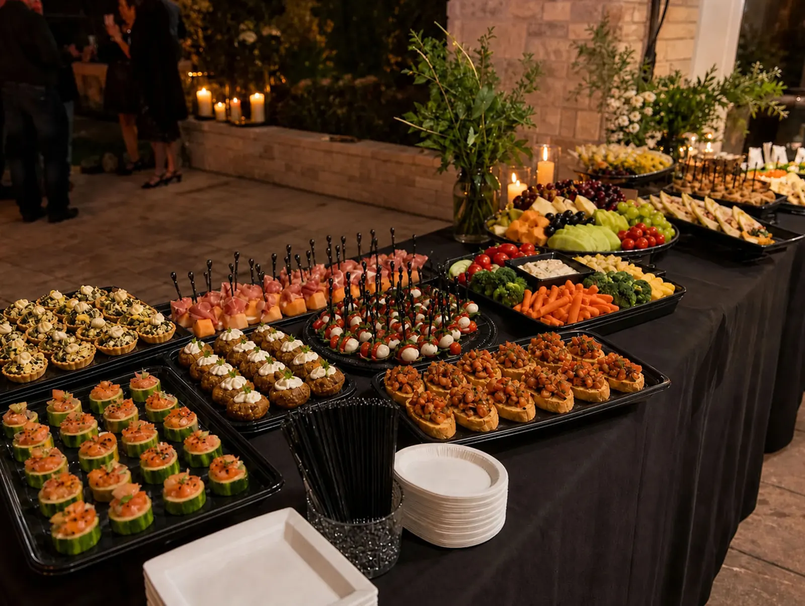 Elegant evening drop-off appetizer station with caprese skewers, prosciutto and melon, bruschetta, stuffed mushrooms, smoked salmon cucumber cups, artichoke tartlets, crudité, fresh fruit and cheese trays, and candlelit florals by Tracy Catering Company