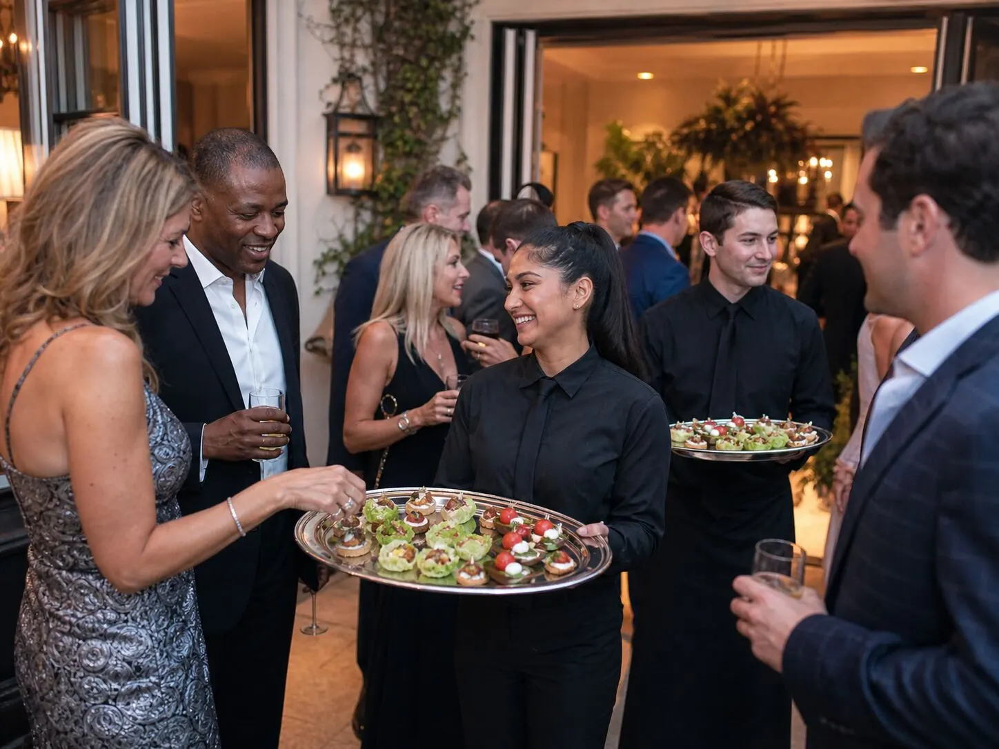 Servers passing silver trays of hors d'oeuvres at an elegant evening cocktail reception by Tracy Catering Company