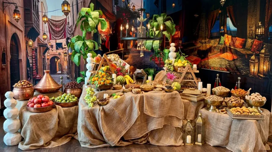 Themed grazing tablescape of dried fruit, nuts and sweets on jewel-toned linens with layered decor — themed styling for Tracy and Stockton parties