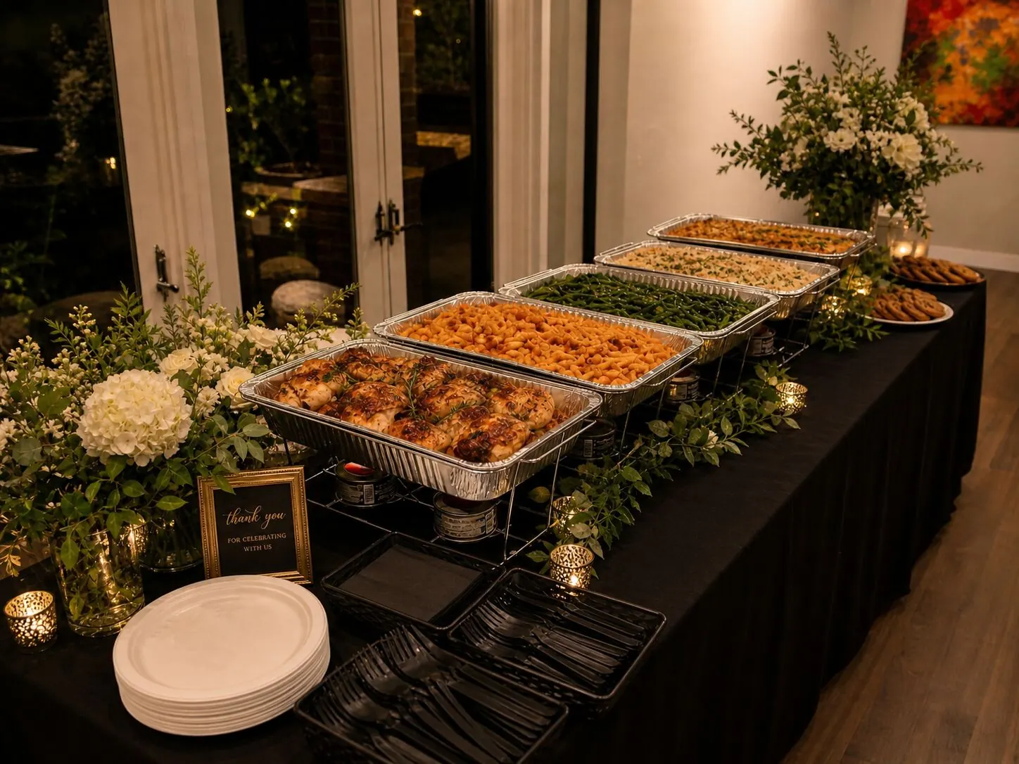 Drop-off dinner buffet of chicken, pasta, green beans and rice finished with candles and small floral touches — floral upgrades for Tracy catering deliveries