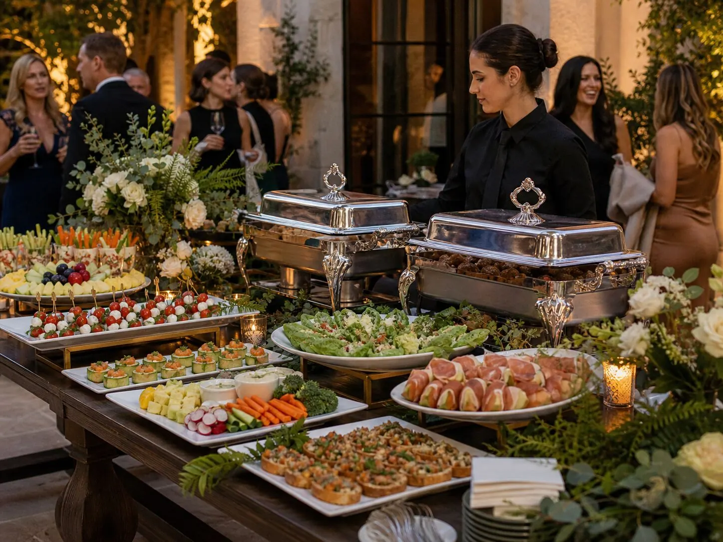 Full service appetizer station with attendant, silver chafing dishes, caprese skewers, crudité, bruschetta, and prosciutto-wrapped melon at an elegant outdoor reception by Tracy Catering Company