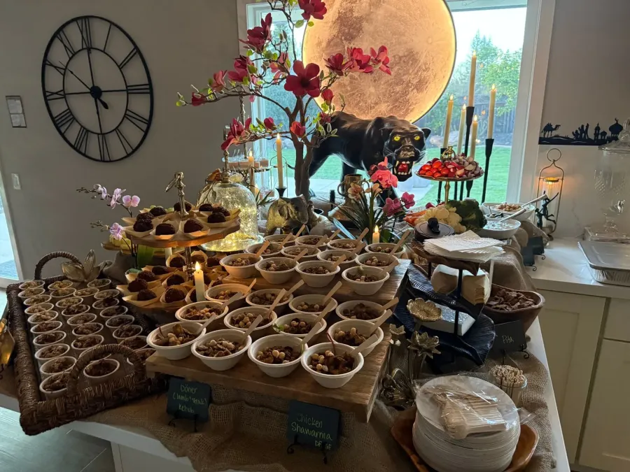 Mediterranean dinner buffet with shawarma chicken and döner kebob styled on a fully coordinated tablescape — dinner styling for Tracy and Manteca events