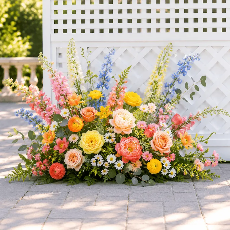 Colorful ground meadow floral arrangement with yellow, coral, blush, and blue blooms in front of a white lattice wall
