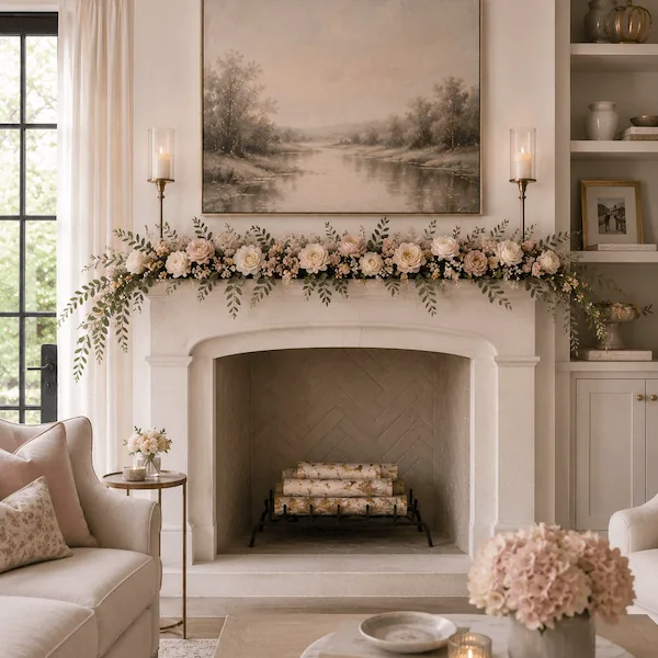 Small mantle floral installation with blush roses, cream blooms, and trailing eucalyptus draped across a stone fireplace mantle