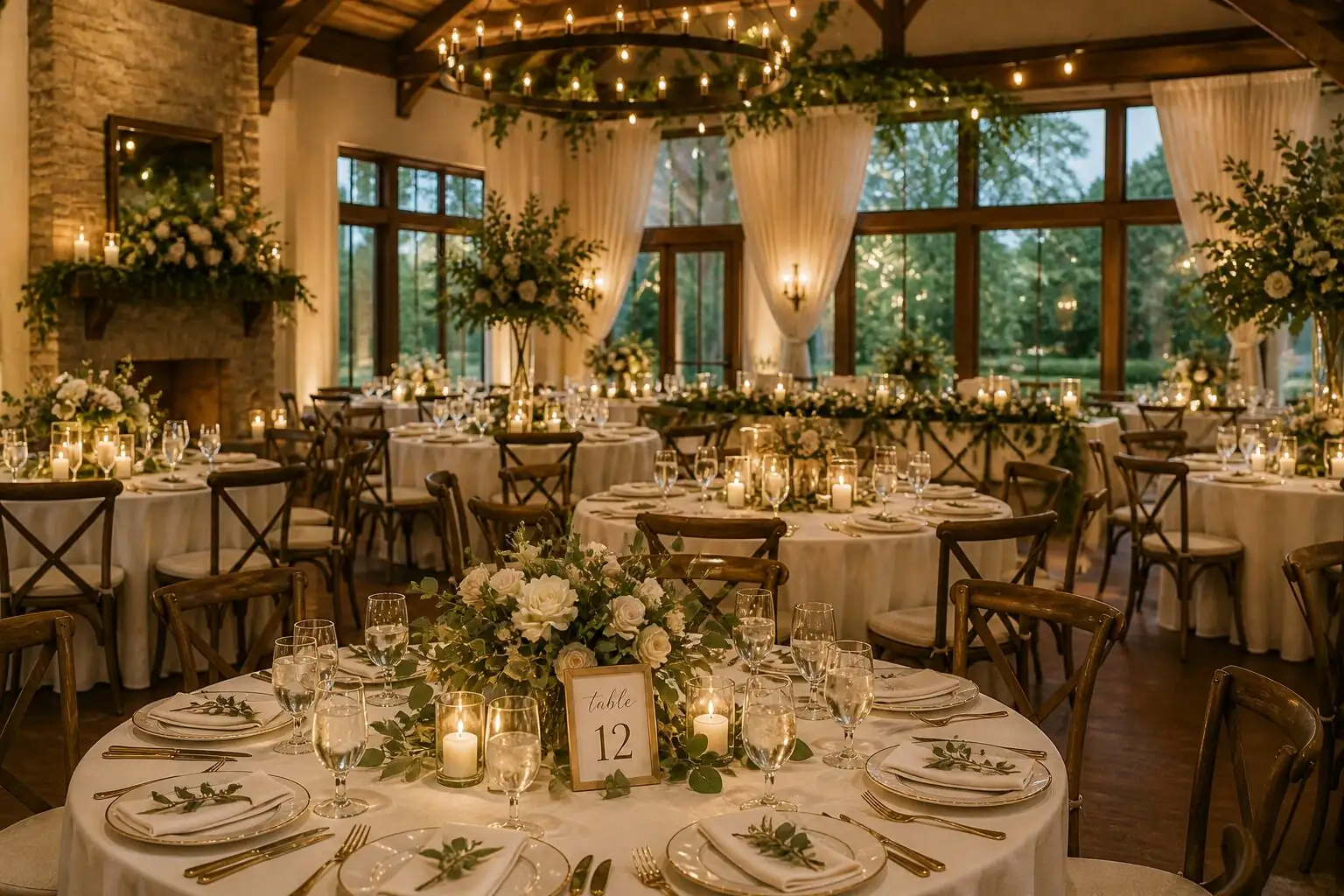 Elegant wedding reception buffet with chafing dishes and florals in Tracy